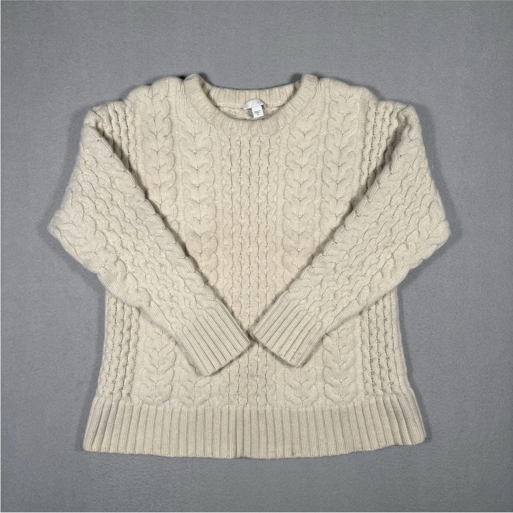 J.Jill Sweater Ivory Lambswool Chunky Fisherman Cable Knit Sweater Women Medium